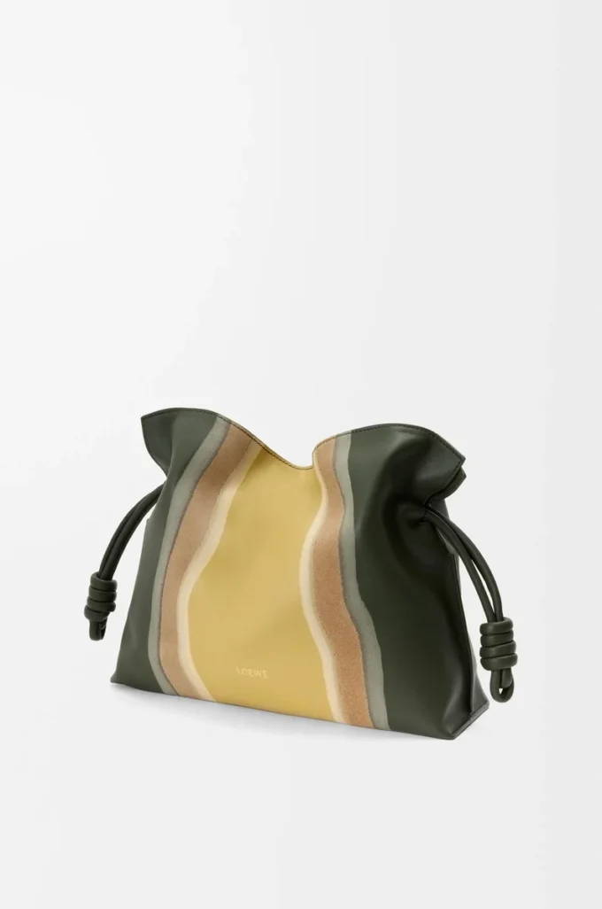 Medium Flamenco clutch Landscape in nappa calfskin Bottle Green/Ochre