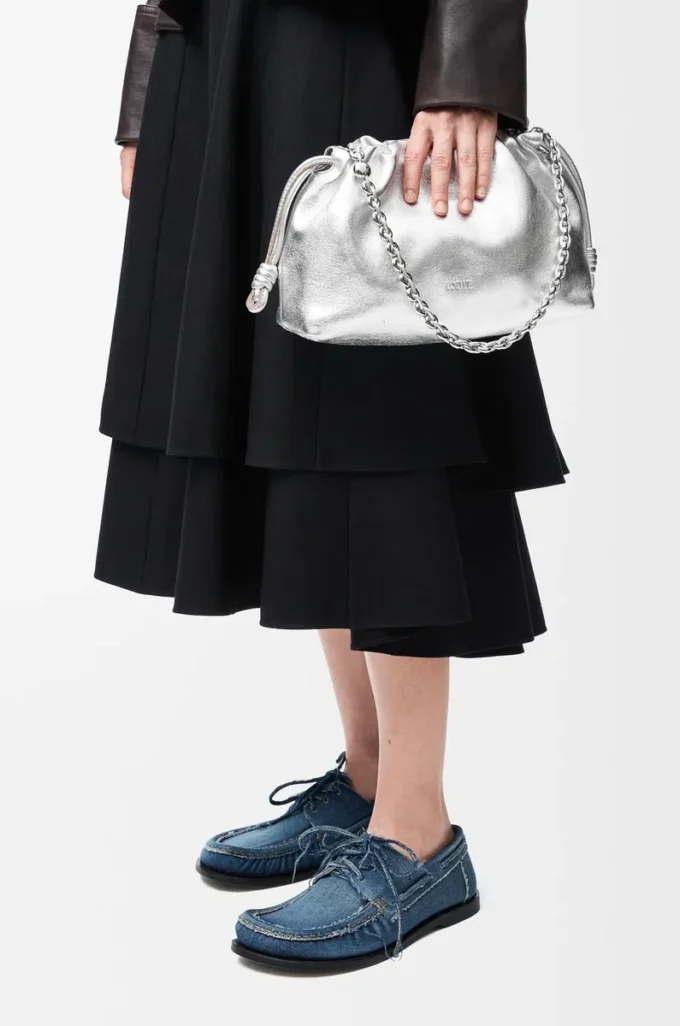Medium Flamenco purse in laminated lambskin Silver