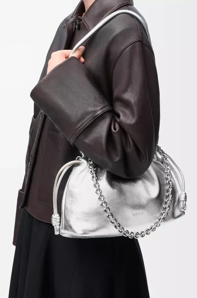 Medium Flamenco purse in laminated lambskin Silver