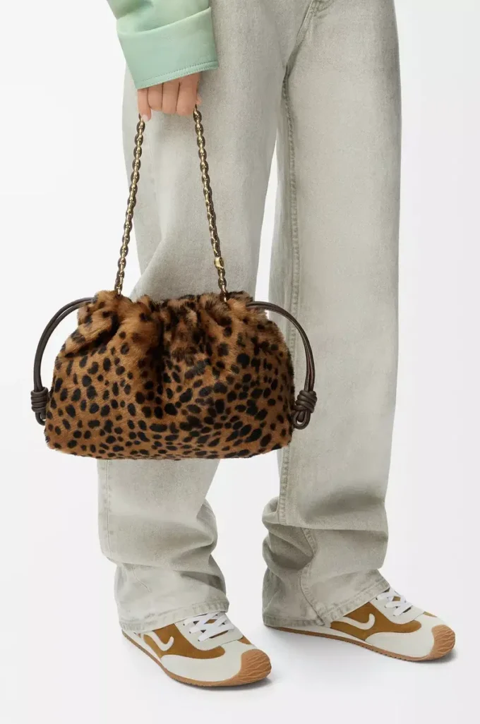 Medium Flamenco purse in printed shearling Beige/Brown