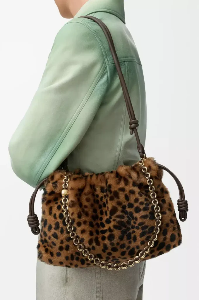 Medium Flamenco purse in printed shearling Beige/Brown