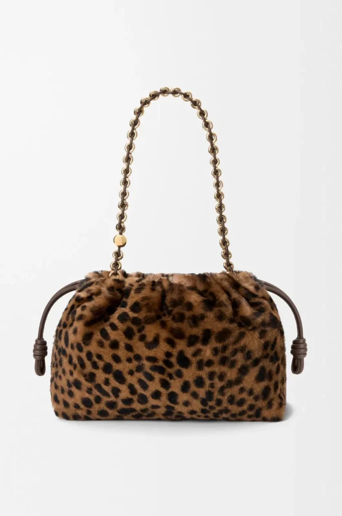 Medium Flamenco purse in printed shearling Beige/Brown