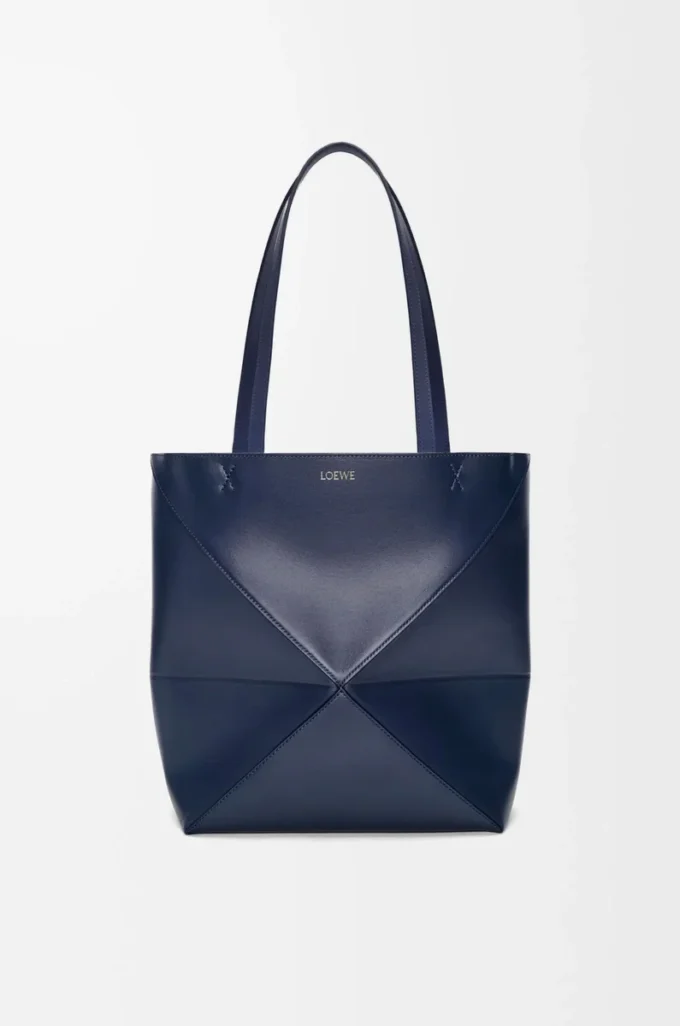 Medium Puzzle Fold tote in shiny calfskin Abyss Blue
