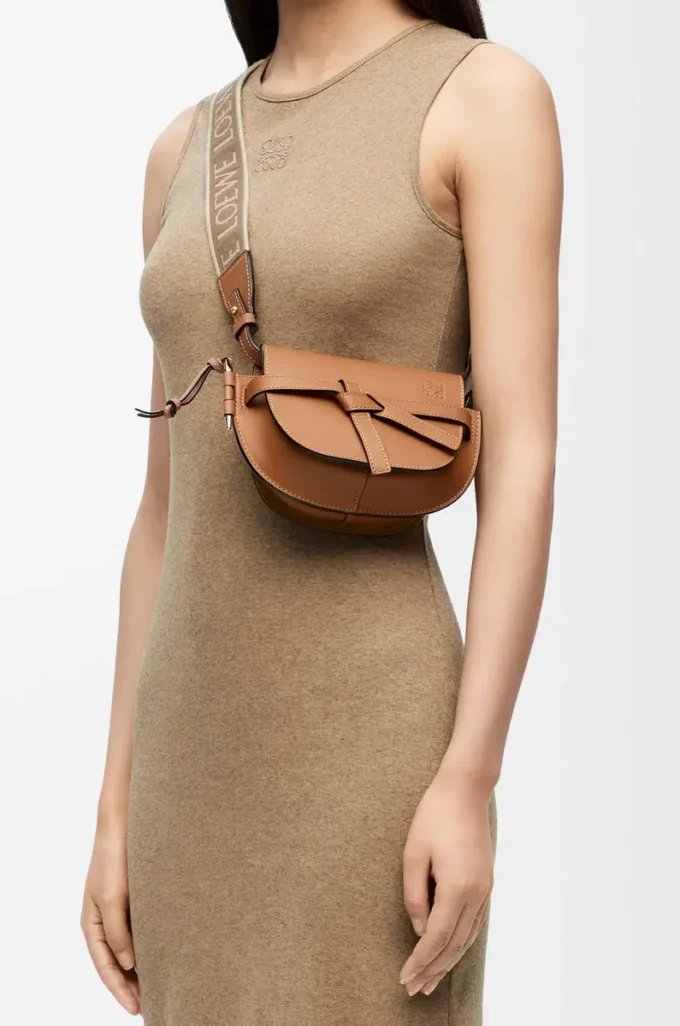 Mini Gate Dual bag in soft calfskin and jacquard Tan