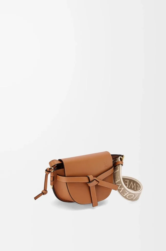 Mini Gate Dual bag in soft calfskin and jacquard Tan
