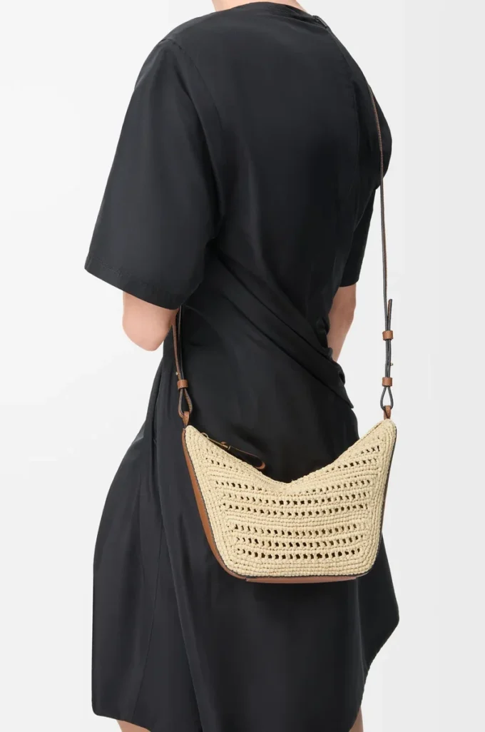 Mini Hammock Hobo in raffia and calfskin Tan/Natural