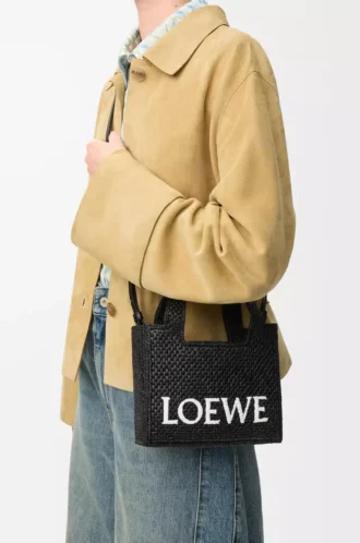 Mini LOEWE Font tote in raffia Black