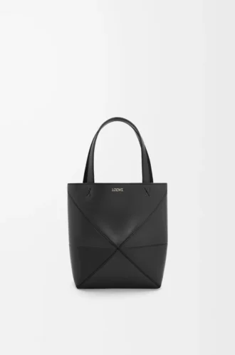 Mini Puzzle Fold tote in shiny calfskin Black