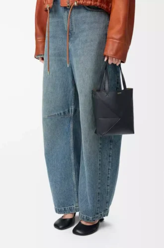 Mini Puzzle Fold tote in shiny calfskin Black