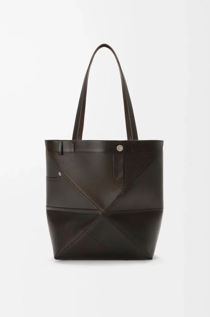 Panta medium Puzzle Fold tote in shiny calfskin Vintage Brown
