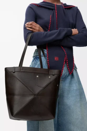 Panta medium Puzzle Fold tote in shiny calfskin Vintage Brown