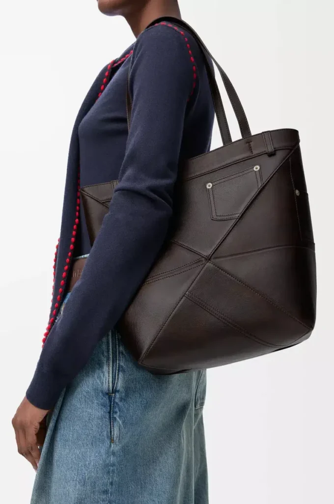 Panta medium Puzzle Fold tote in shiny calfskin Vintage Brown