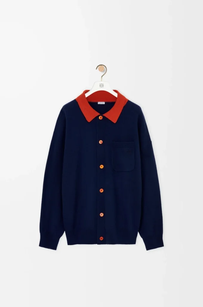 Polo cardigan in wool Navy Blue/Orange