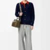 Polo cardigan in wool Navy Blue/Orange