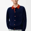 Polo cardigan in wool Navy Blue/Orange