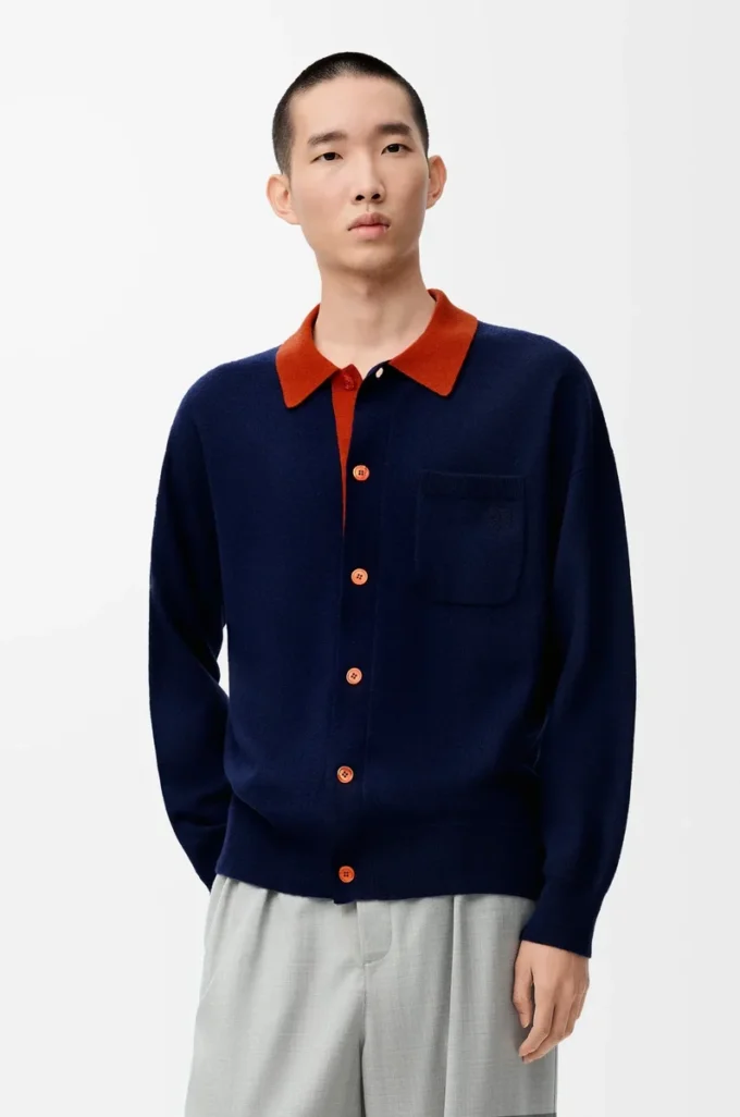 Polo cardigan in wool Navy Blue/Orange