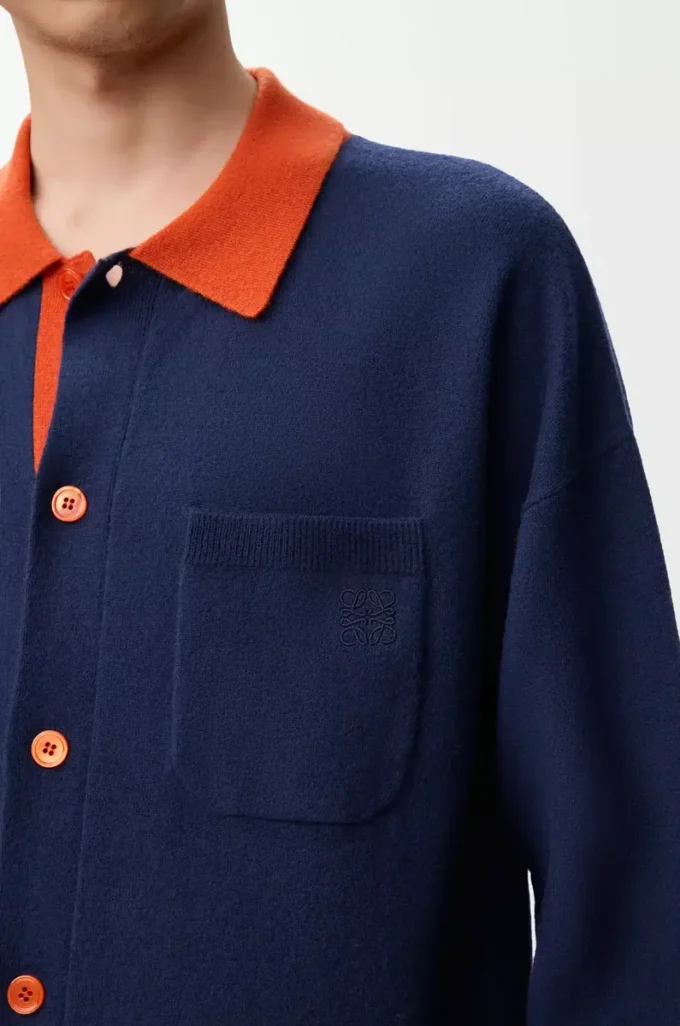 Polo cardigan in wool Navy Blue/Orange