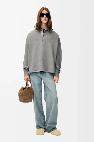 Polo sweatshirt in cotton and cashmere Lead Grey
