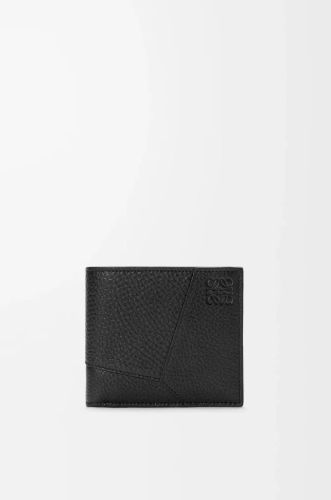 Puzzle bifold wallet in supple grained calfskin Black