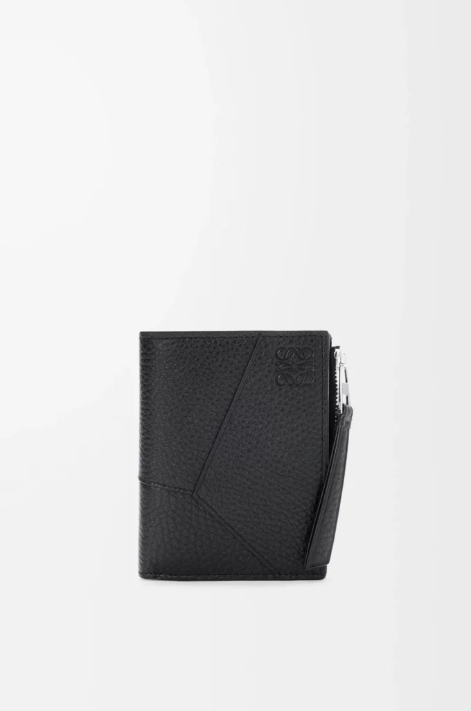 Puzzle slim compact wallet in supple grained calfskin Black