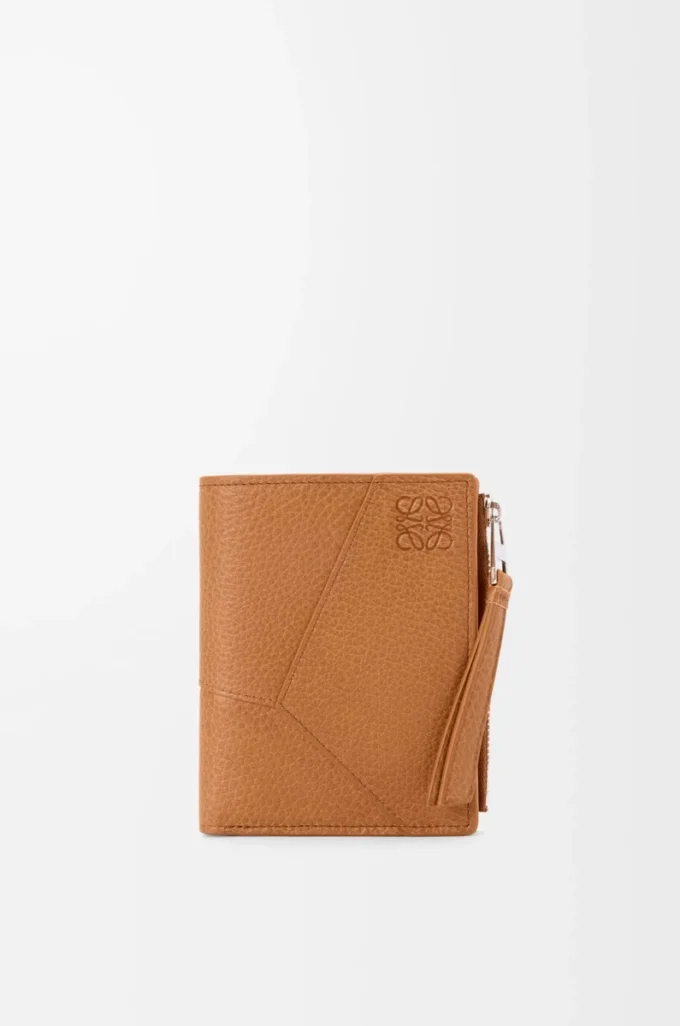 Puzzle slim compact wallet in supple grained calfskin Light Canyon Brown