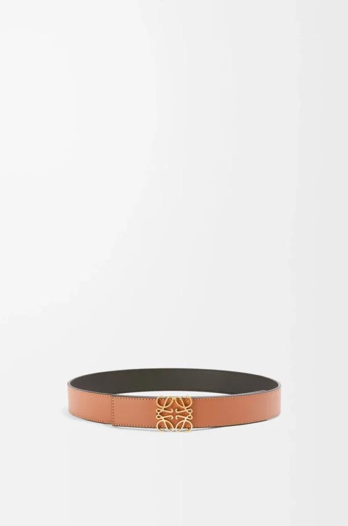 Reversible Anagram belt in smooth calfskin Tan/Black/Gold