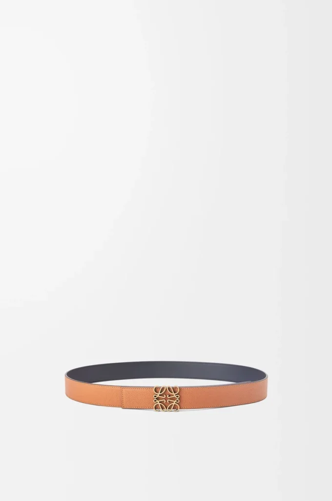 Reversible Anagram belt in soft grained calfskin and smooth calfskin Tan/Black/Old Gold Reversible Anagram belt in soft grained calfskin and smooth calfskin Tan/Black/Old Gold