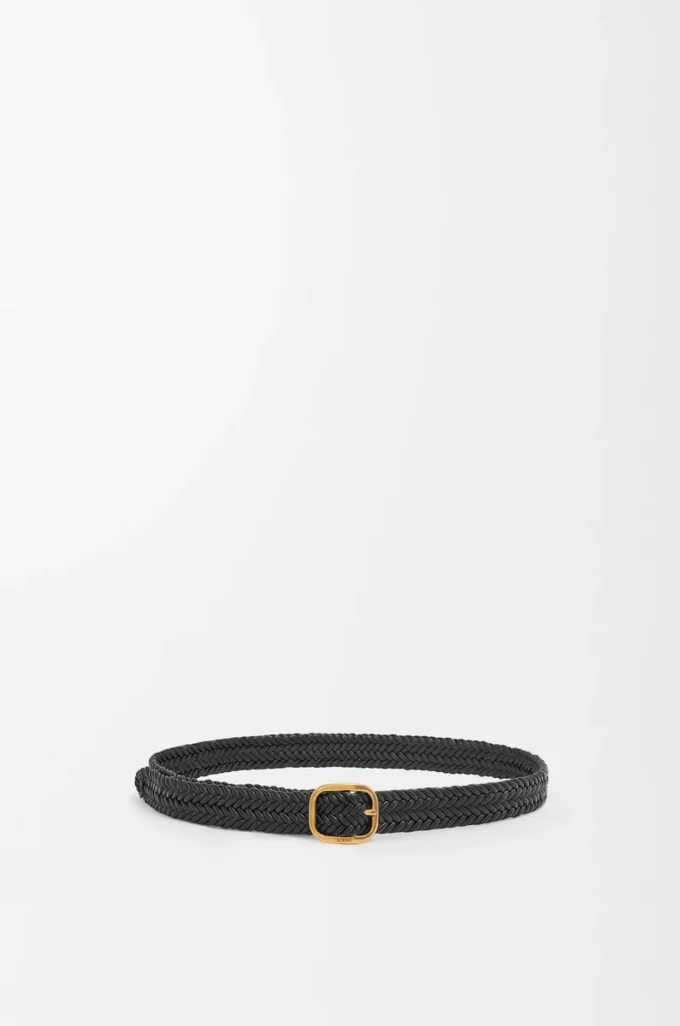 Rounded soft woven belt in calfskin Black/Gold