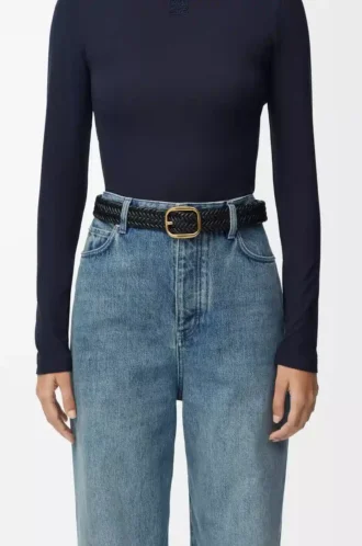Rounded soft woven belt in calfskin Black/Gold