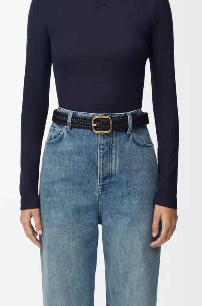 Rounded soft woven belt in calfskin Black/Gold