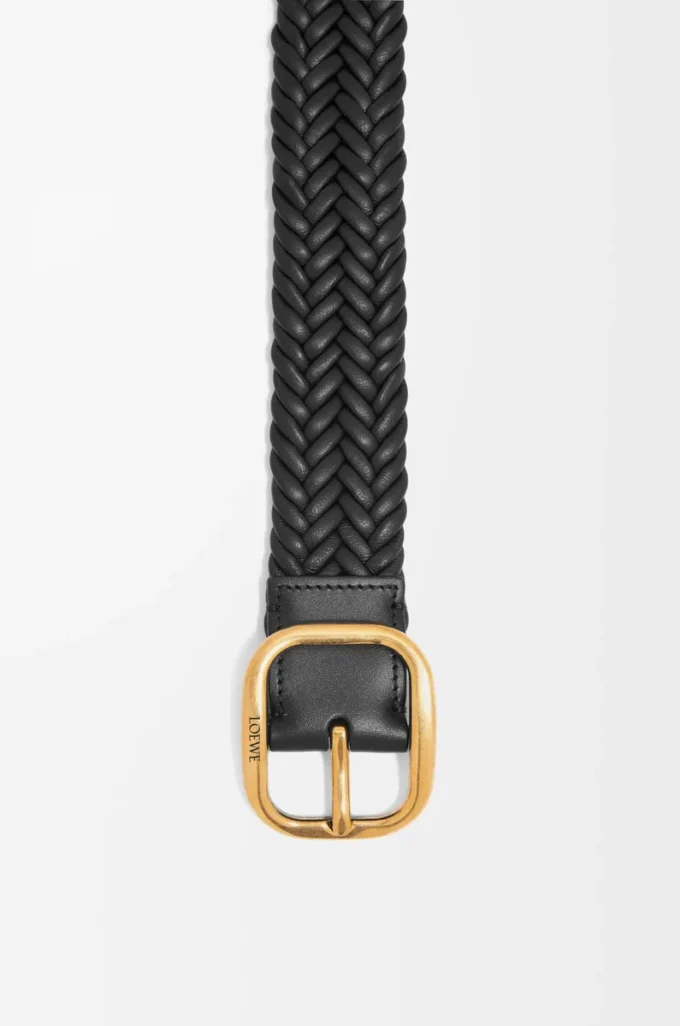 Rounded soft woven belt in calfskin Black/Gold