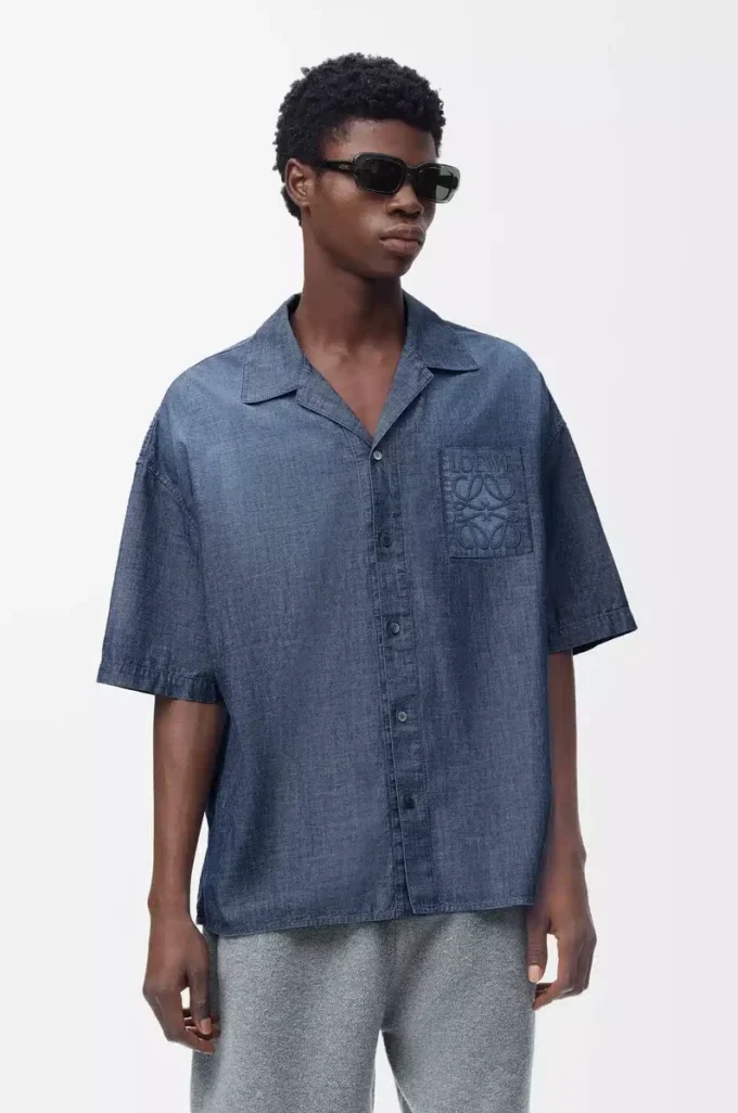 Short sleeve shirt in cotton Washed Blue Short sleeve shirt in cotton Washed Blue