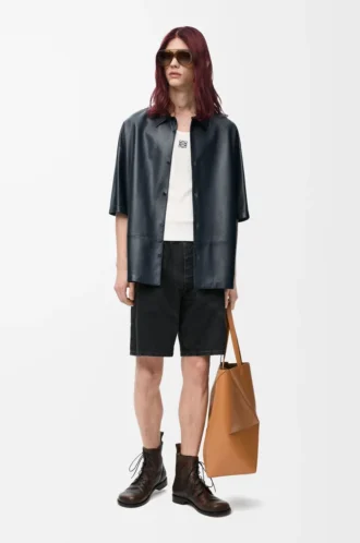 Short sleeve shirt in nappa lambskin Dark Navy