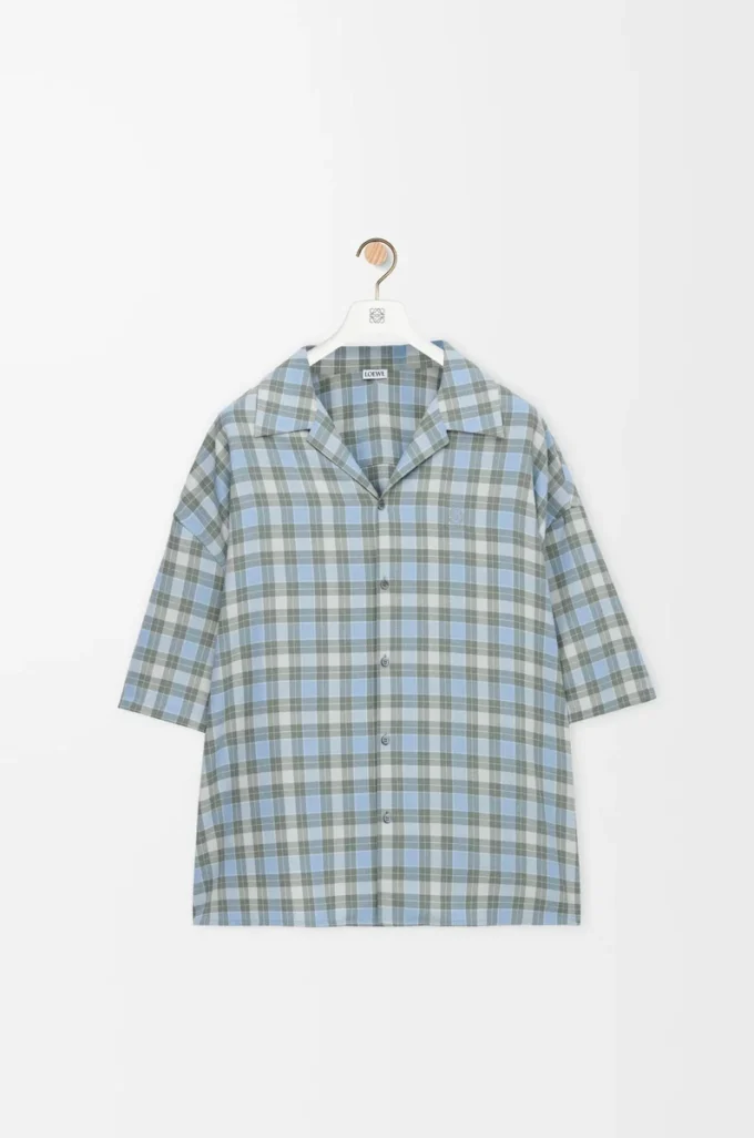 Short sleeve shirt in wool blend Light Blue/White