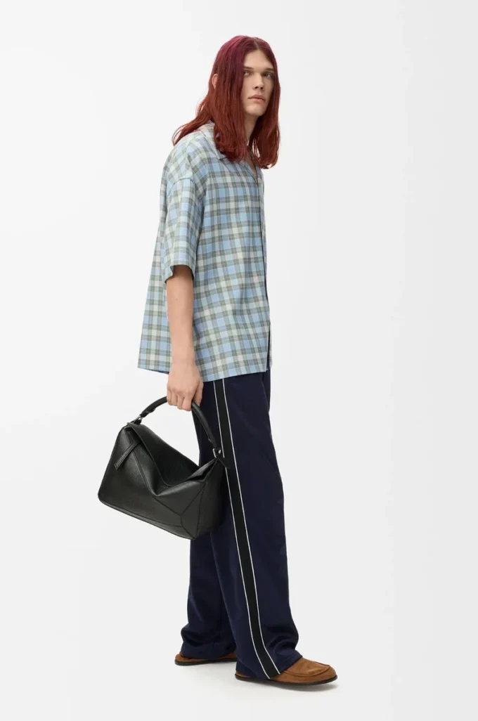 Short sleeve shirt in wool blend Light Blue/White