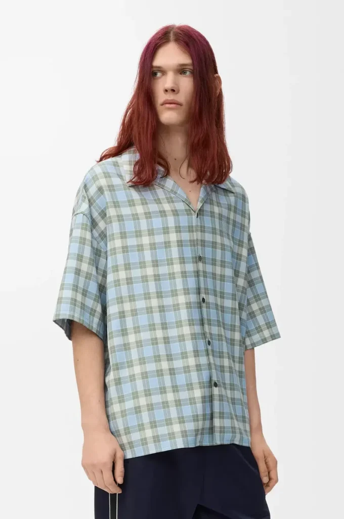 Short sleeve shirt in wool blend Light Blue/White