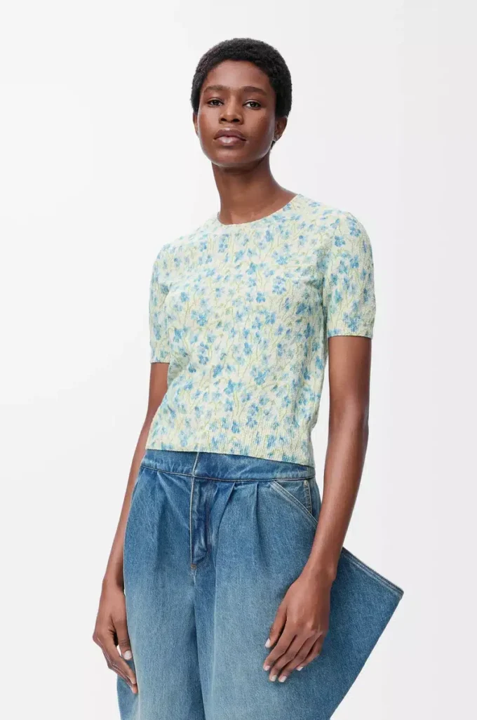 Short sleeve sweater in cotton blend White/Blue Short sleeve sweater in cotton blend White/Blue