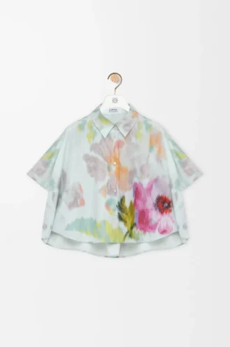 Short sleeve trapeze shirt in cotton and silk Light Blue/Multicolor