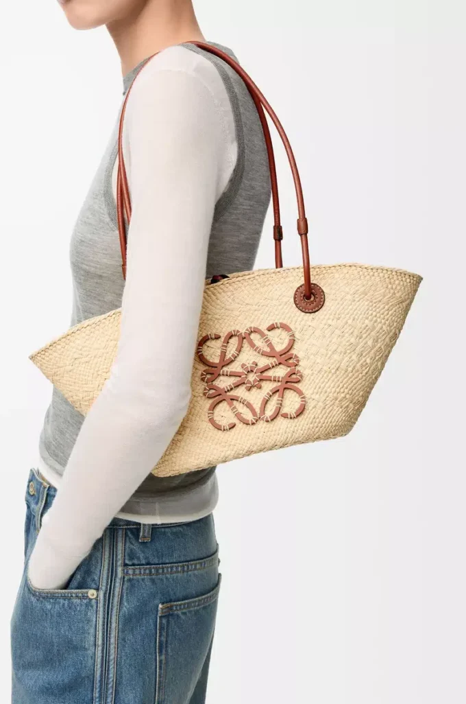 Small Anagram Basket bag in iraca palm and calfskin Natural/Tan