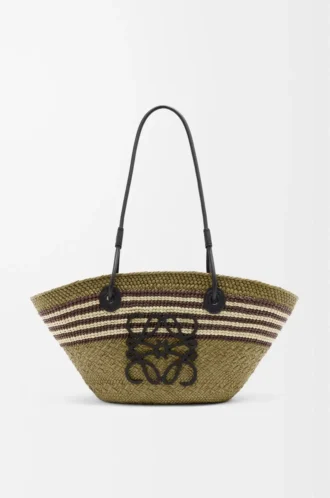 Small Anagram Basket in iraca palm and calfskin Dark Khaki/Black