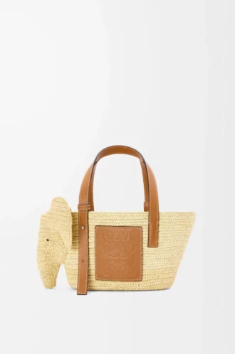 Small Elephant basket in raffia and calfskin Natural/Tan