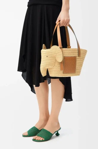 Small Elephant basket in raffia and calfskin Natural/Tan