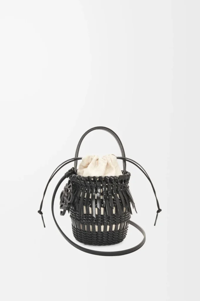 Small Fringe Bucket bag in calfskin Black