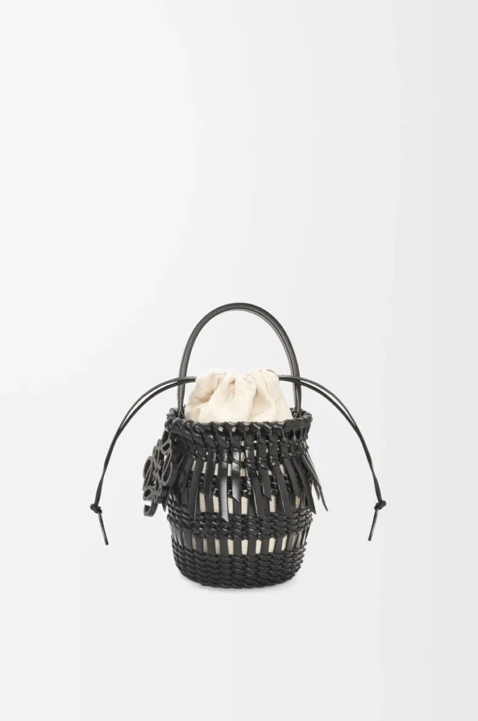 Small Fringe Bucket bag in calfskin Black