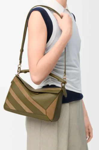 Small Puzzle bag in classic calfskin and suede Olive/Gold