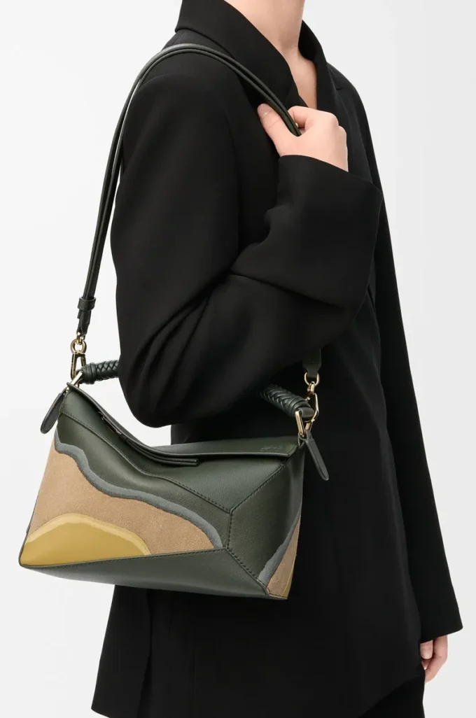 Small Puzzle Edge Landscape bag in nappa calfskin Bottle Green/Ochre Small Puzzle Edge Landscape bag in nappa calfskin Bottle Green/Ochre