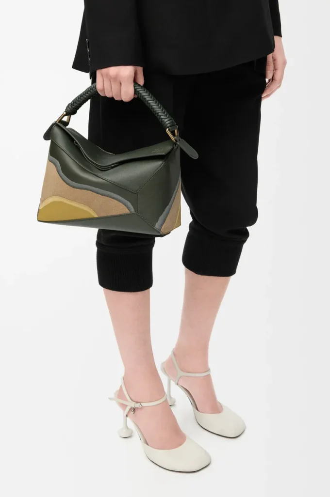 Small Puzzle Edge Landscape bag in nappa calfskin Bottle Green/Ochre Small Puzzle Edge Landscape bag in nappa calfskin Bottle Green/Ochre