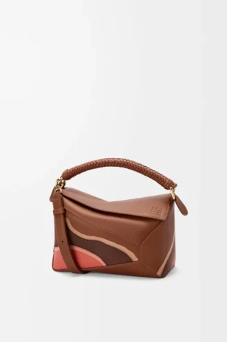 Small Puzzle Edge Landscape bag in nappa calfskin Pecan/Parrot Pink