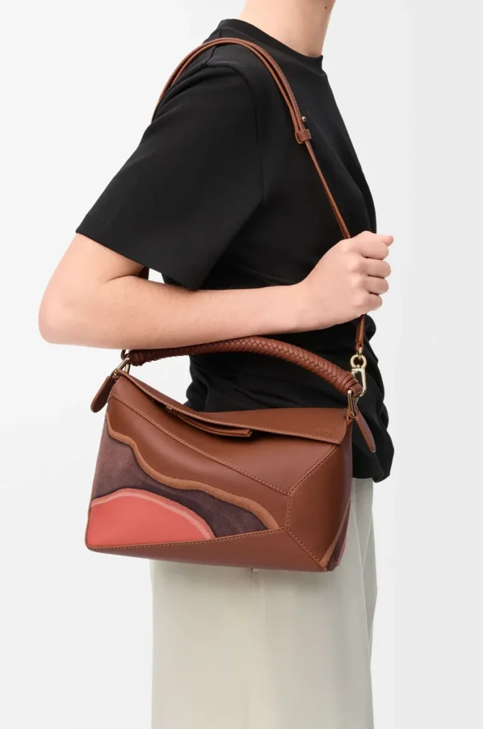 Small Puzzle Edge Landscape bag in nappa calfskin Pecan/Parrot Pink Small Puzzle Edge Landscape bag in nappa calfskin Pecan/Parrot Pink