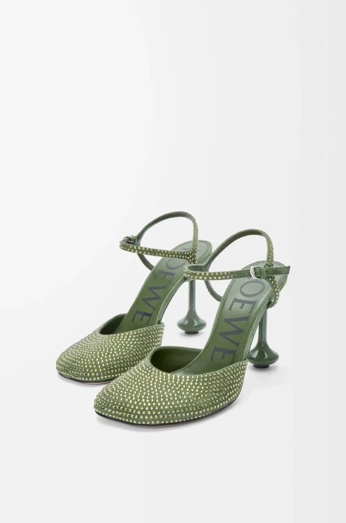 Toy ankle strap pump in rhinestone-embellished suede Military Green